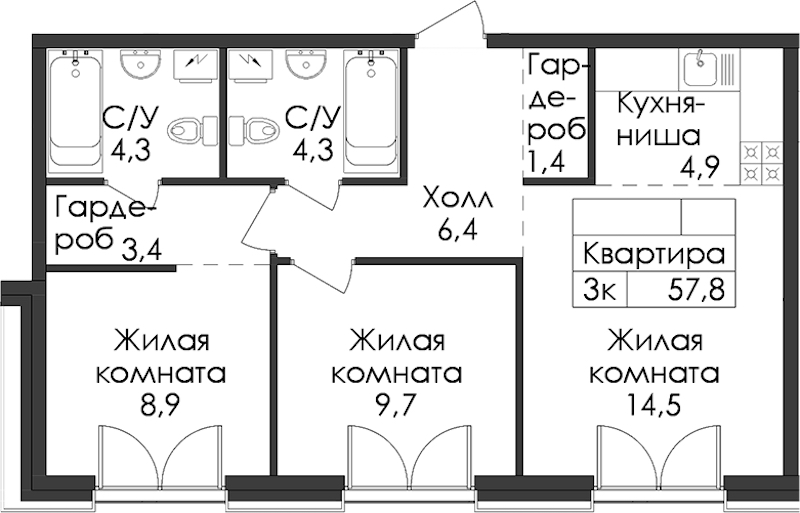 2-комнатная квартира 57.8 м², 3/9 эт., ЖК «Лермонтовский 54»